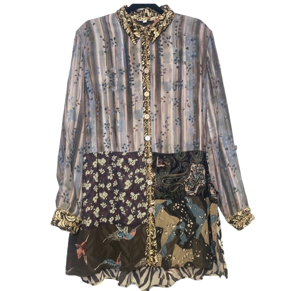 John Mark Mixed Print Patchwork Design Button Up Tunic Blouse